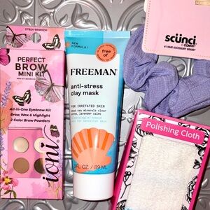 4PC Beauty Kit: Freeman Clay Mask, ioni brow, polishing cloth & Scunci scrunchy